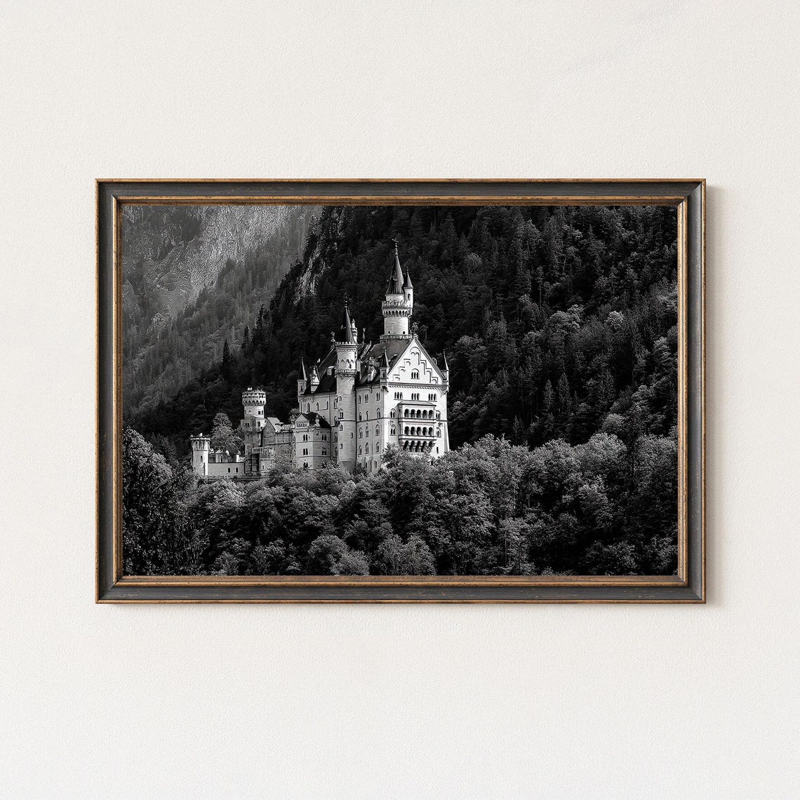 Neuschwanstein Castle Forest Hills Black White Photography Poster