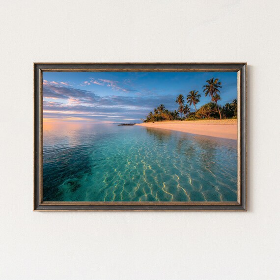 Tropical Beach Sunset Turquoise Ocean Palm Tree Landscape Poster