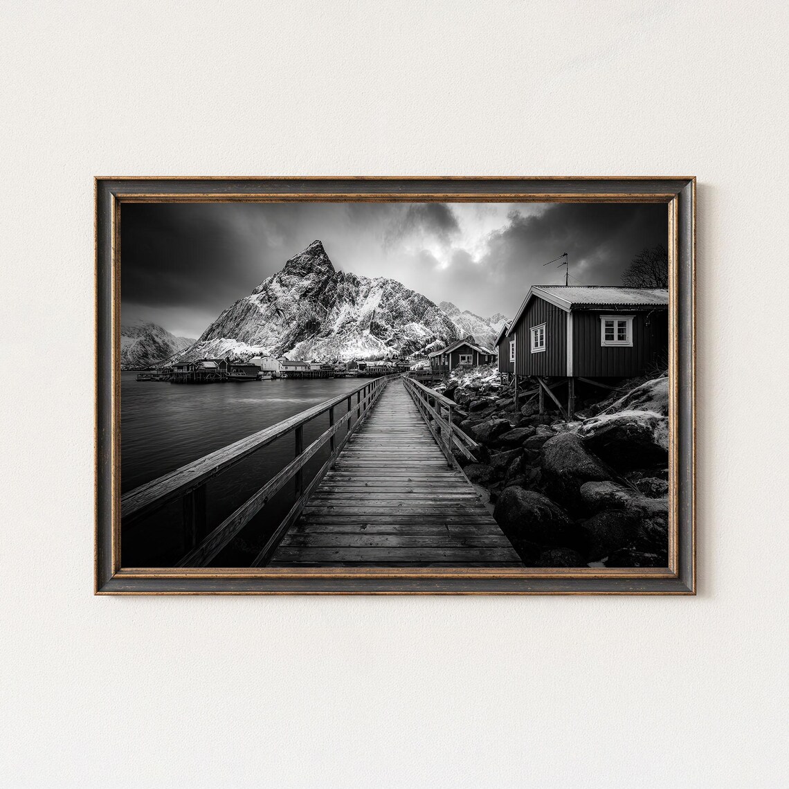 Norway Coastal Village Wooden Boardwalk Black And White Print