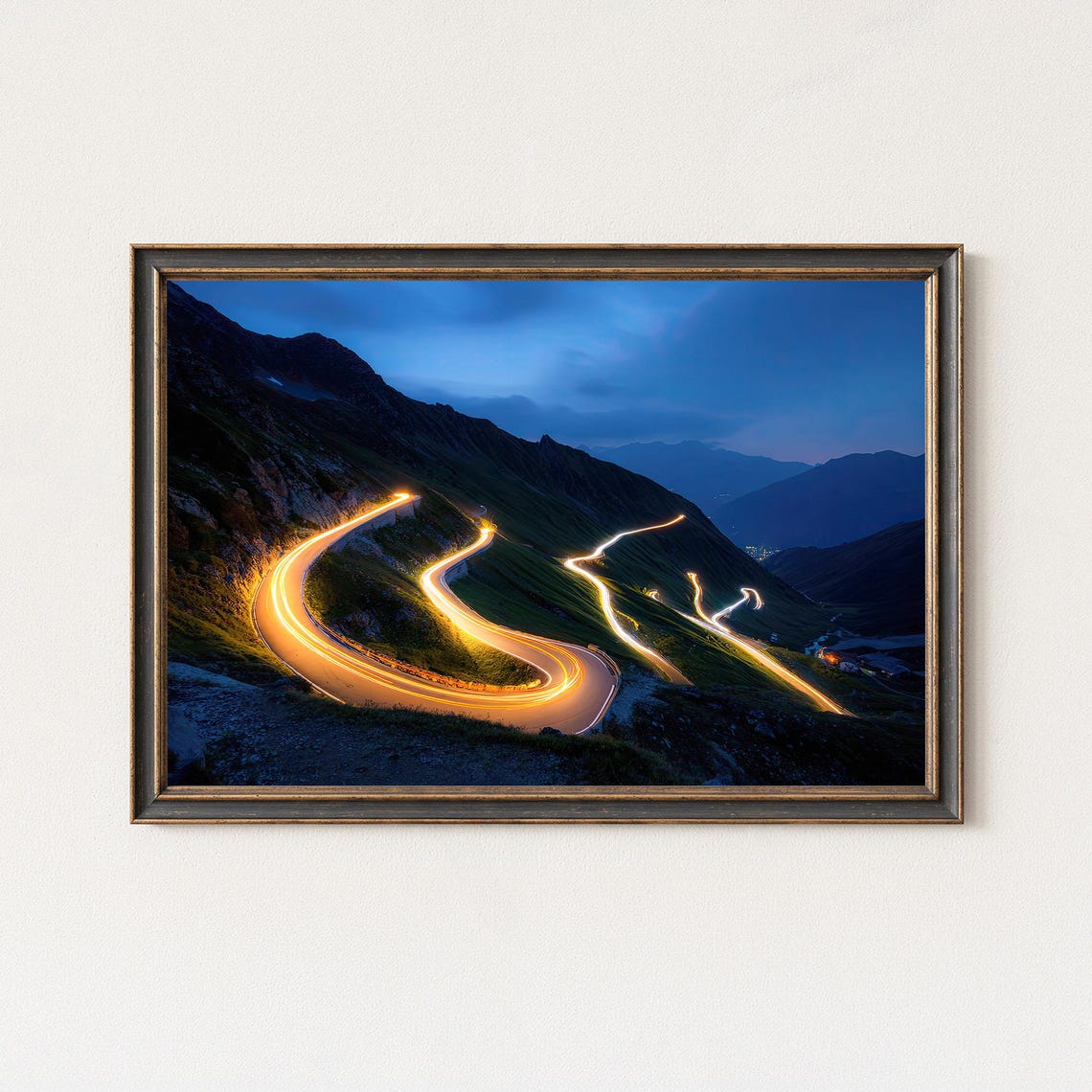 Swiss Alps Furka Pass Serpentine Road Night Light Trails Poster