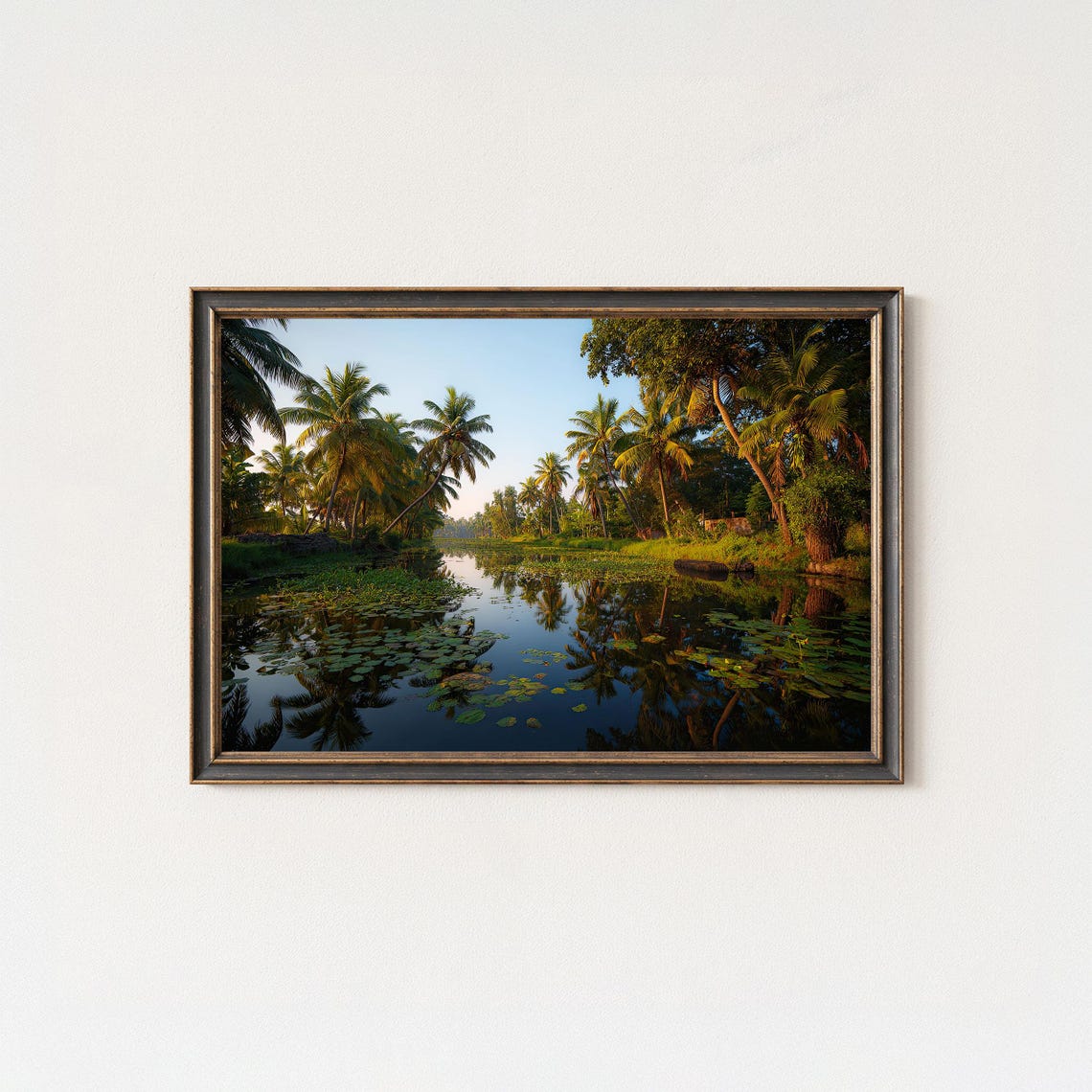 Tropical Palm River Lily Pads Warm Sunset Landscape Art Poster