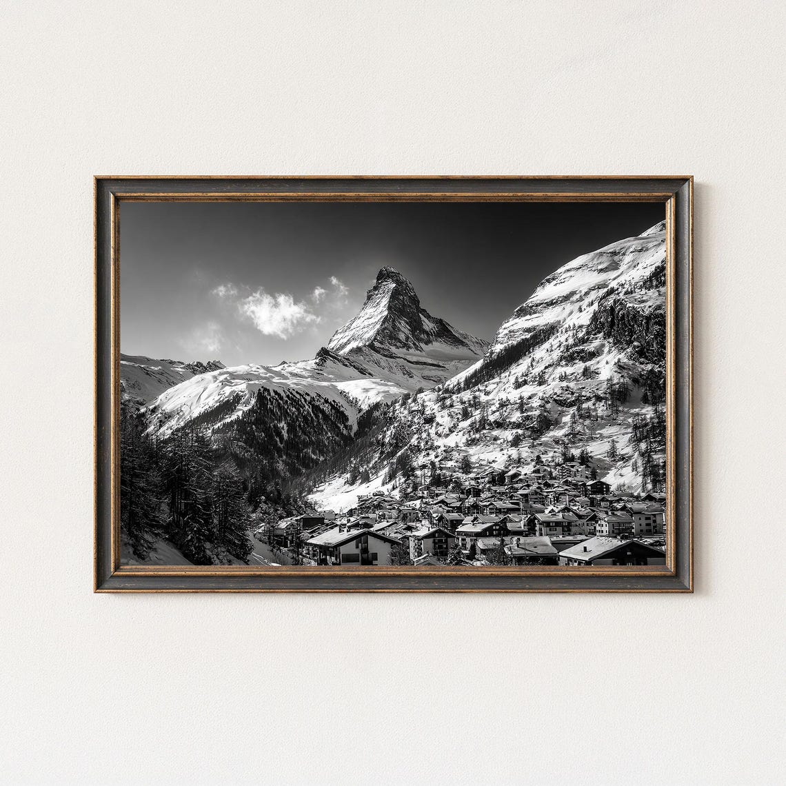 Matterhorn Zermatt Snowy Peak Black and White Mountain Photo Poster