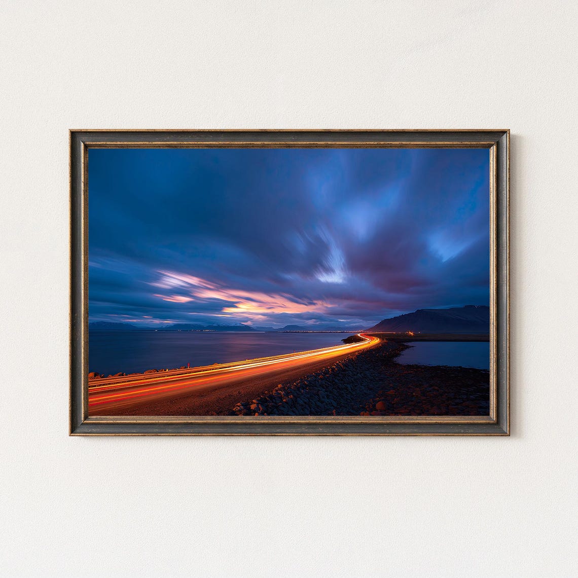Reykjavik Coastal Road At Twilight Light Trails Iceland Photo Poster