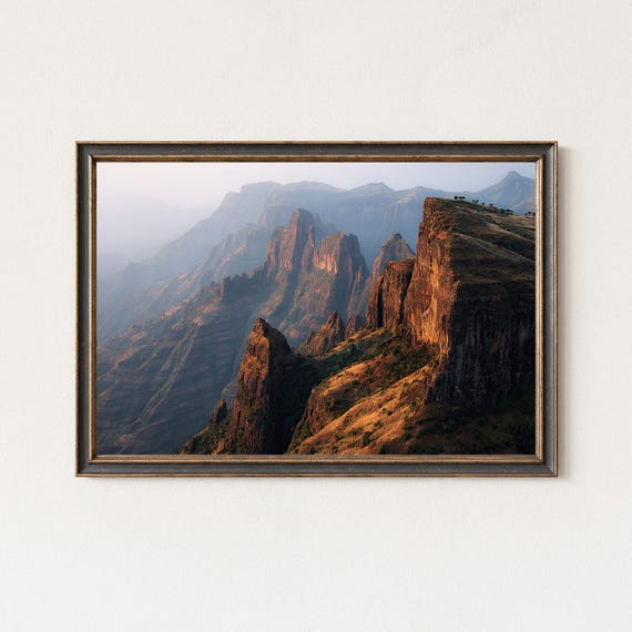 Golden Mountain Cliff Landscape Wall Art Print