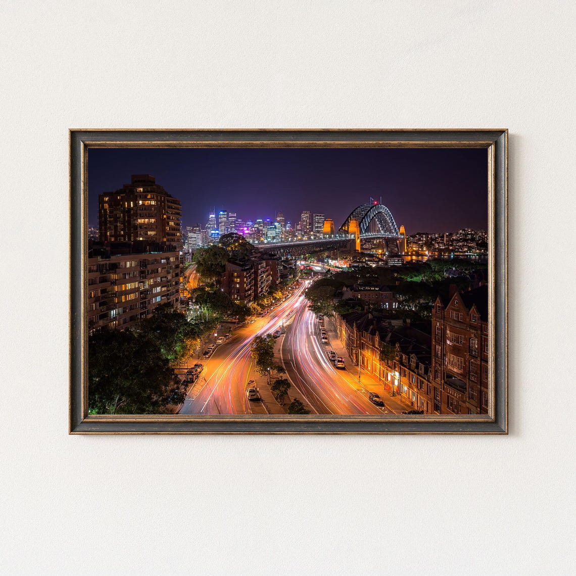 Sydney Harbour Bridge Night Light Trails Milsons Point View Poster