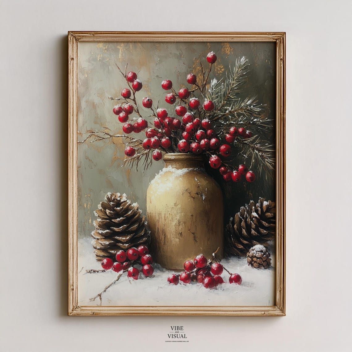 Red Winter Berries and Pinecones Rustic Vintage Still Life Poster