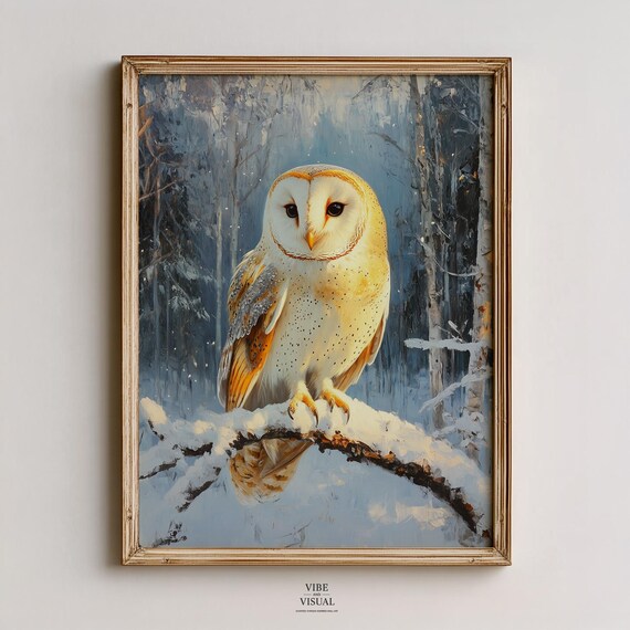 Realistic Barn Owl On Snowy Branch Moody Winter Wall Art Cozy Rustic Scene Dusk Colors 129