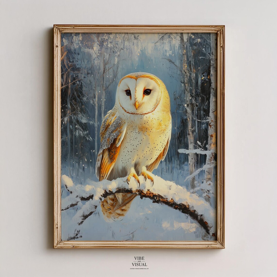 Barn Owl on Snowy Branch Winter Forest Vintage Painting Poster