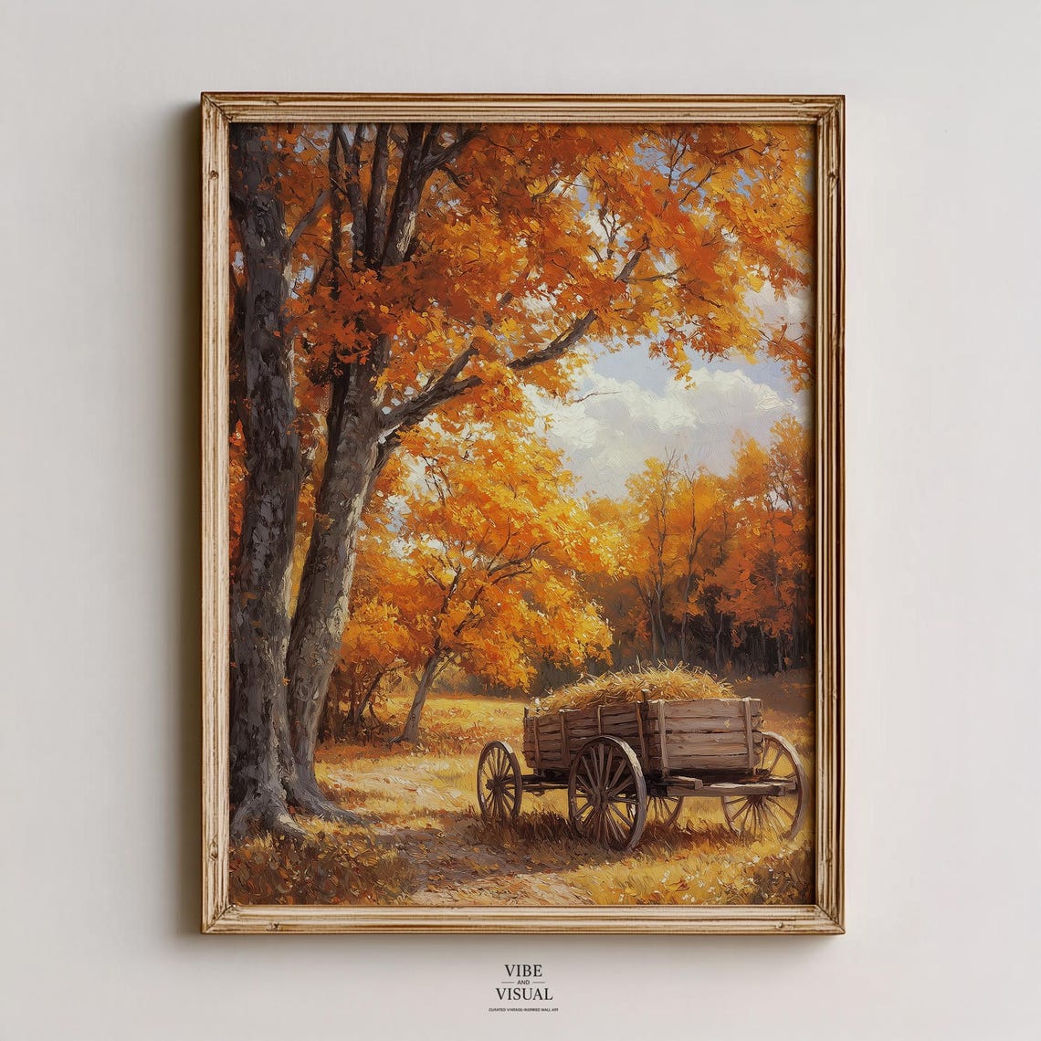 Autumn Hay Wagon Under Golden Oak Trees Fall Countryside Wall Art