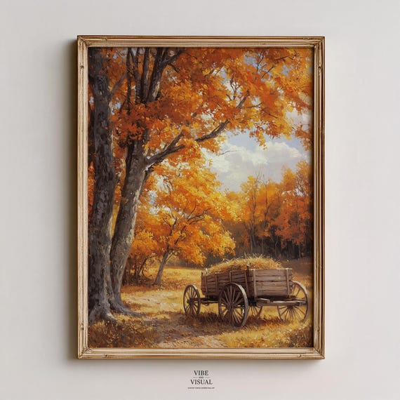 Autumn Hay Wagon Under Golden Oak Trees Fall Countryside Wall Art