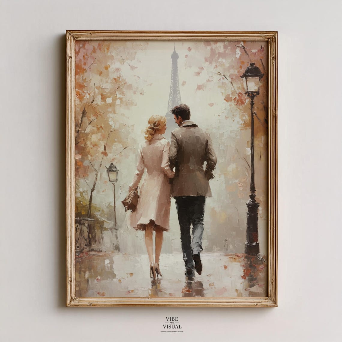Romantic Couple Autumn Walk Eiffel Tower Paris Impressionist Poster