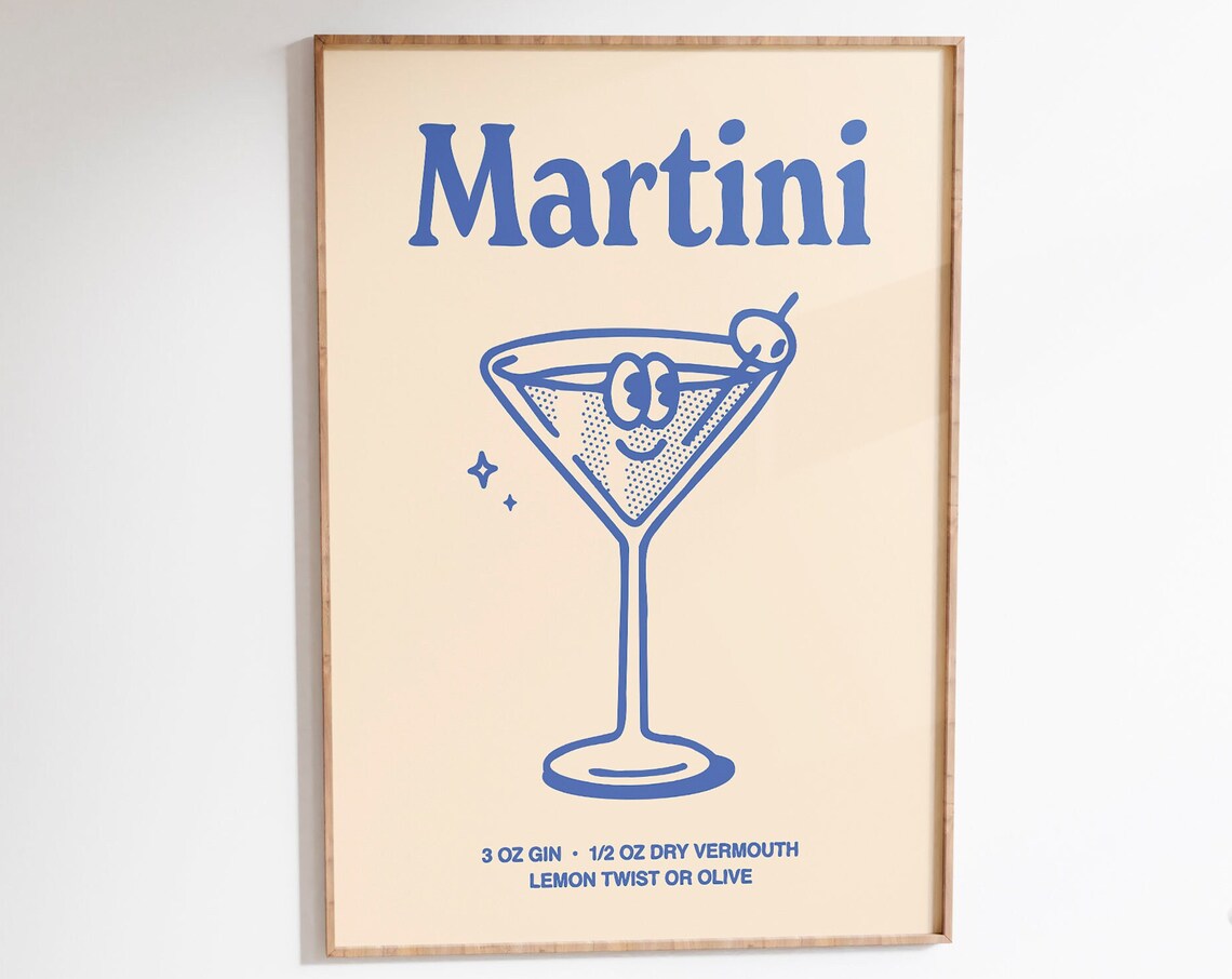 Martini Cocktail Recipe Retro Blue Bar Cart Drink Art Poster