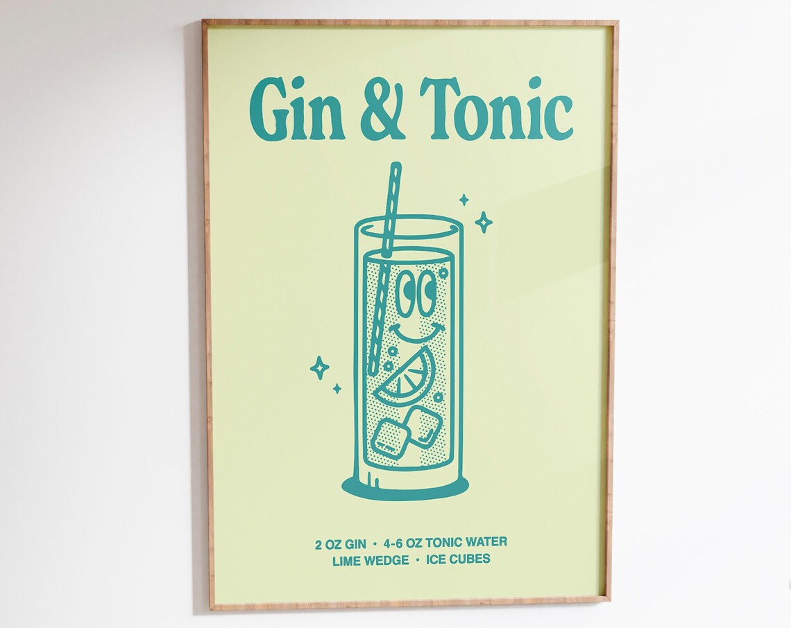 Gin and Tonic Cocktail Recipe Retro Teal Bar Cart Kitchen Wall Art
