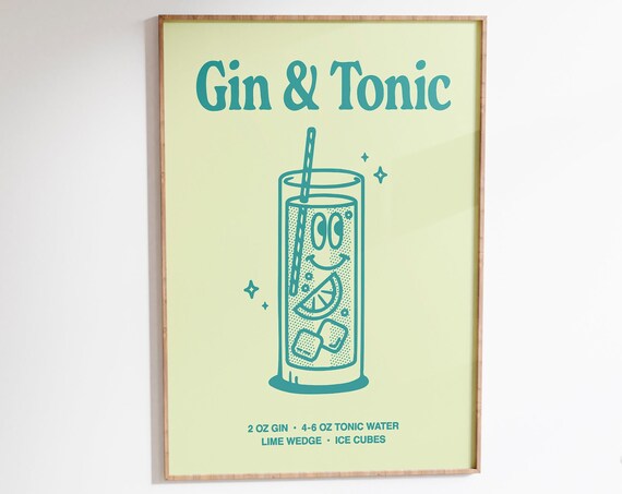 Gin and Tonic Cocktail Recipe Retro Teal Bar Cart Kitchen Wall Art