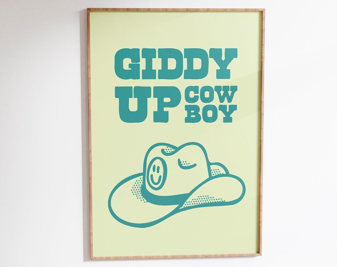 Giddy Up Cowboy Teal Smiling Cowboy Hat Retro Western Art Print