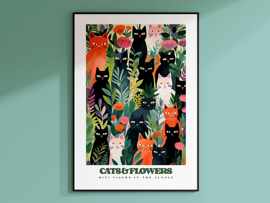 Black And White Cats In Garden, Funny Cat Poster