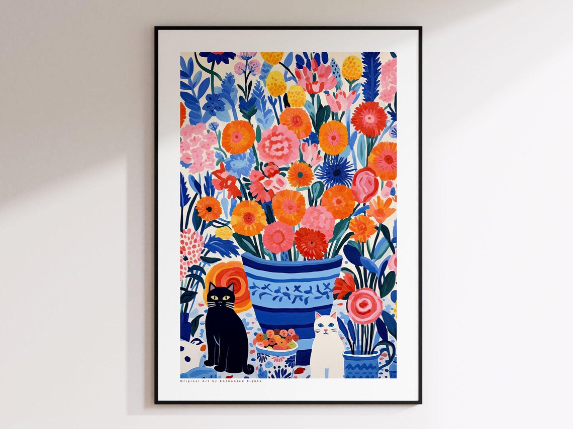 Two Cats Among Potted Flowers Enchanted Sights Art Beautiful Poster