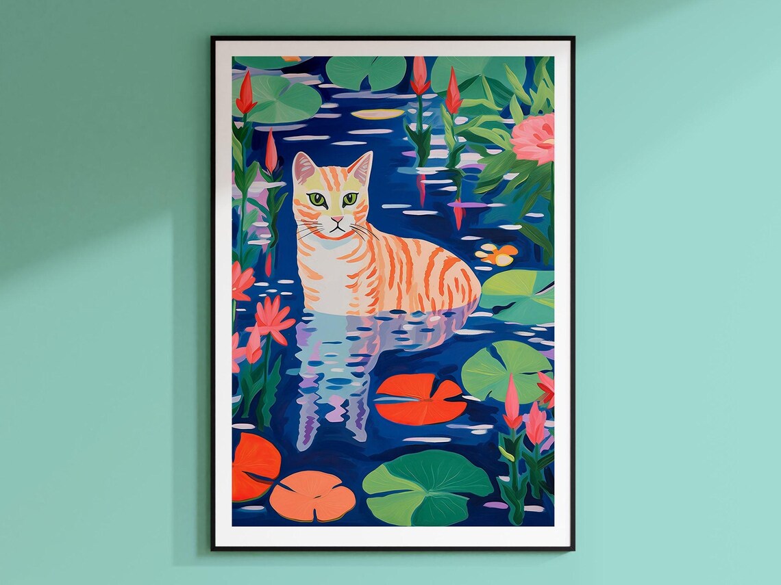 Orange Tabby Cat Wading Through Water Lily Pond Botanical Poster