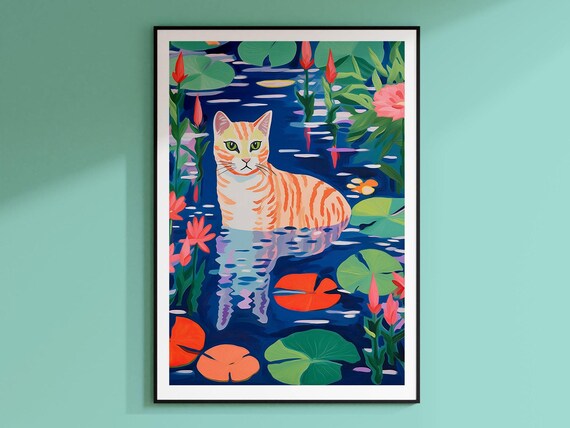 Orange Tabby Cat Wading Through Water Lily Pond Botanical Poster