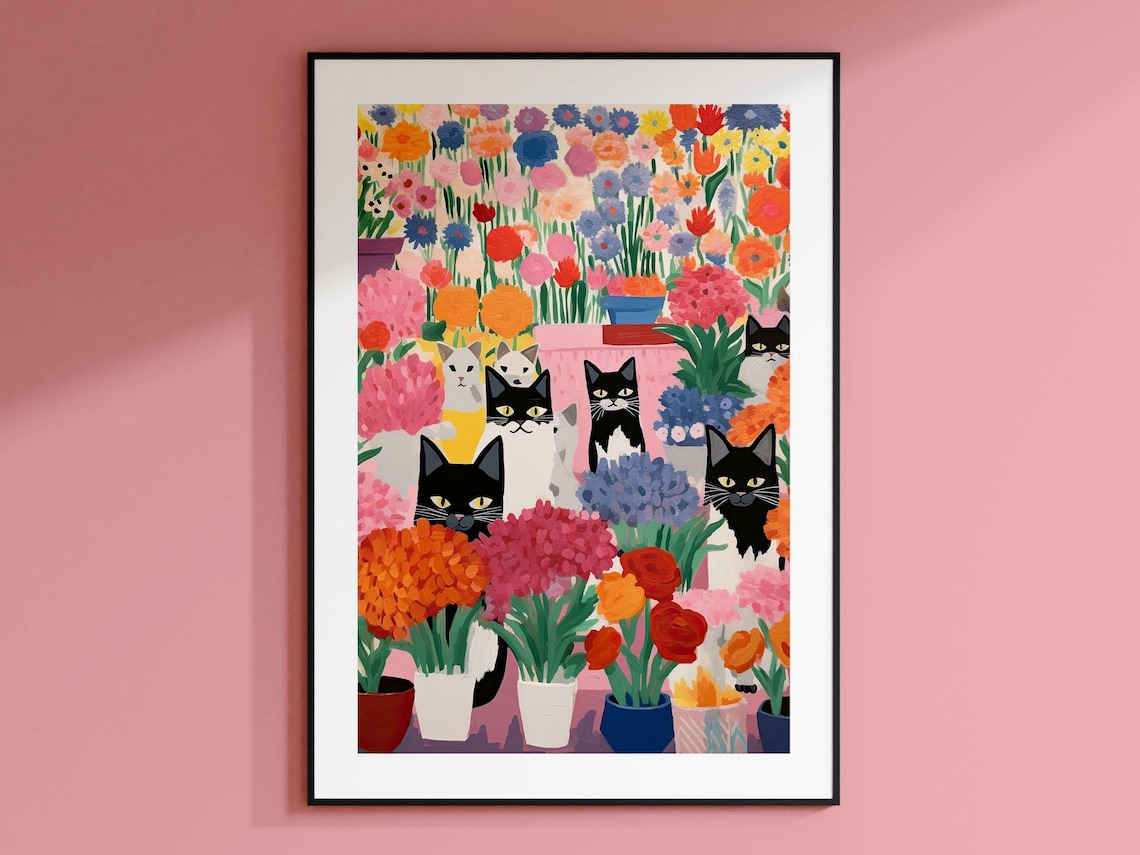 Black and White Cats Hiding Among Potted Flower Plants Wall Art