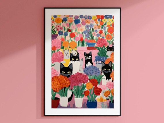 Black and White Cats Hiding Among Potted Flower Plants Wall Art
