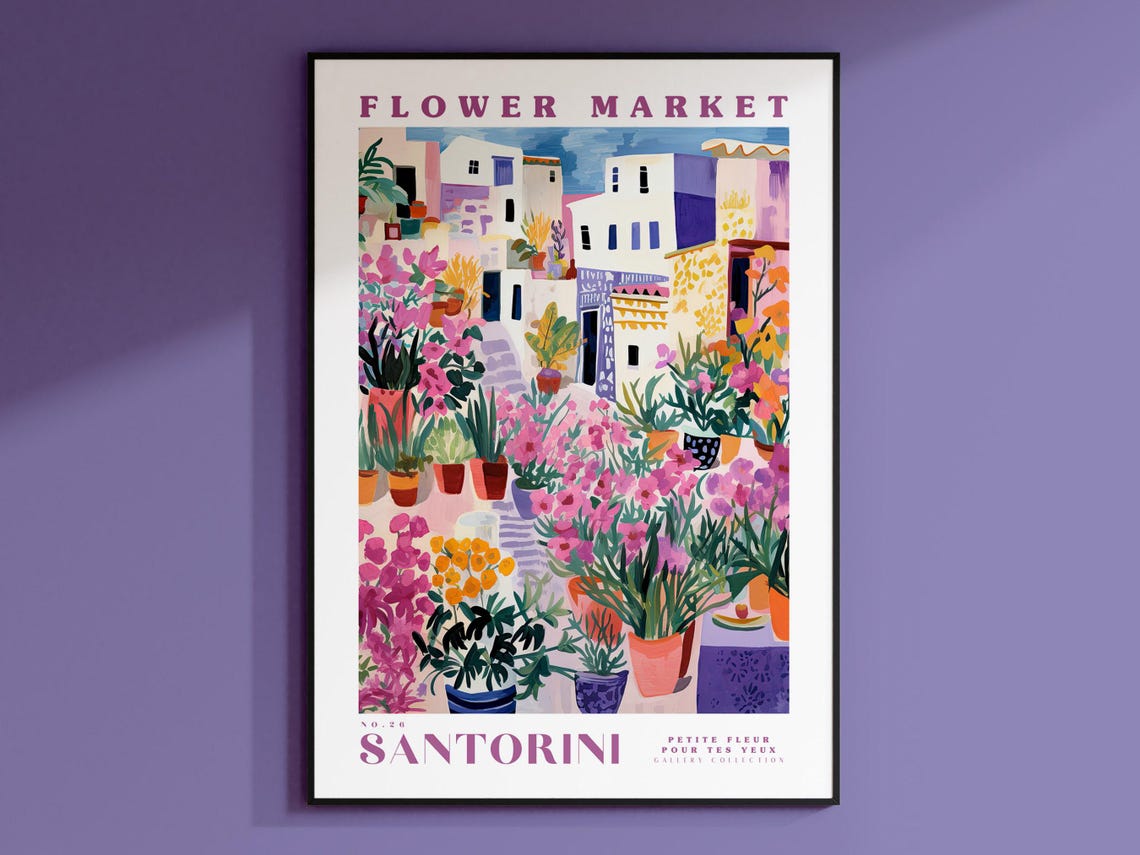 Santorini Flower Market, Greece Travel Poster