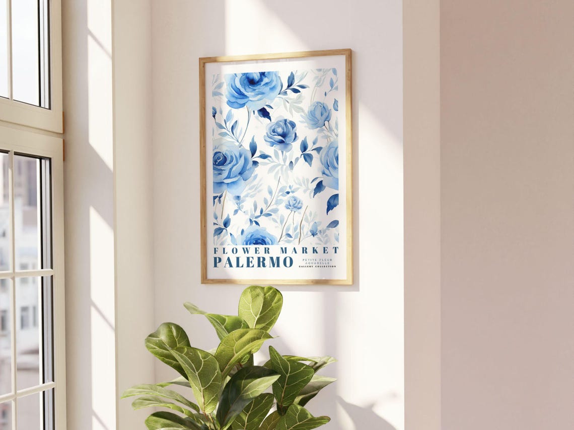 Palermo Flower Market Poster Italy Travel Art Watercolor Flower Print Blue Rose Art Living Room Decor Wedding Gift Christmas Gift - Image 2