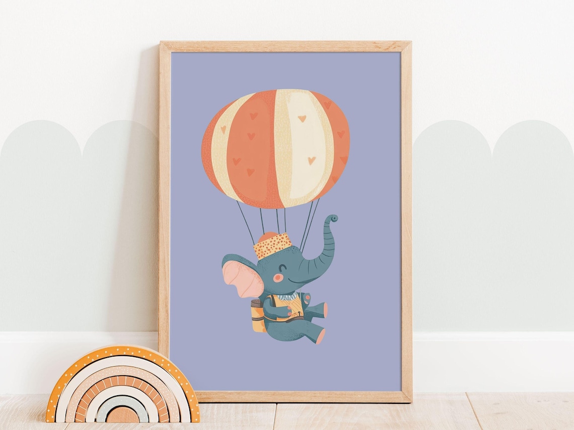 Baby Elephant Hot Air Balloon Adventure Nursery Kids Room Poster