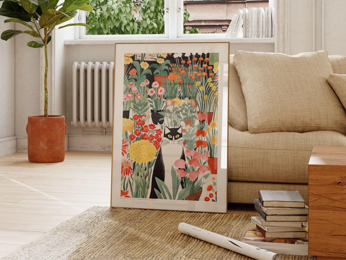 Charming Tuxedo Cat Standing Among Bold Red And Yellow Blooms Poster - Image 2