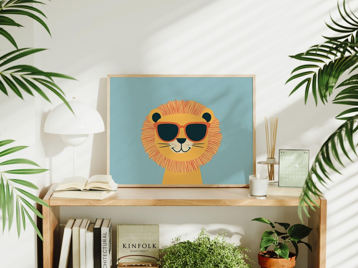 Cool Lion Wearing Sunglasses Cute Nursery Kids Wall Decor Poster