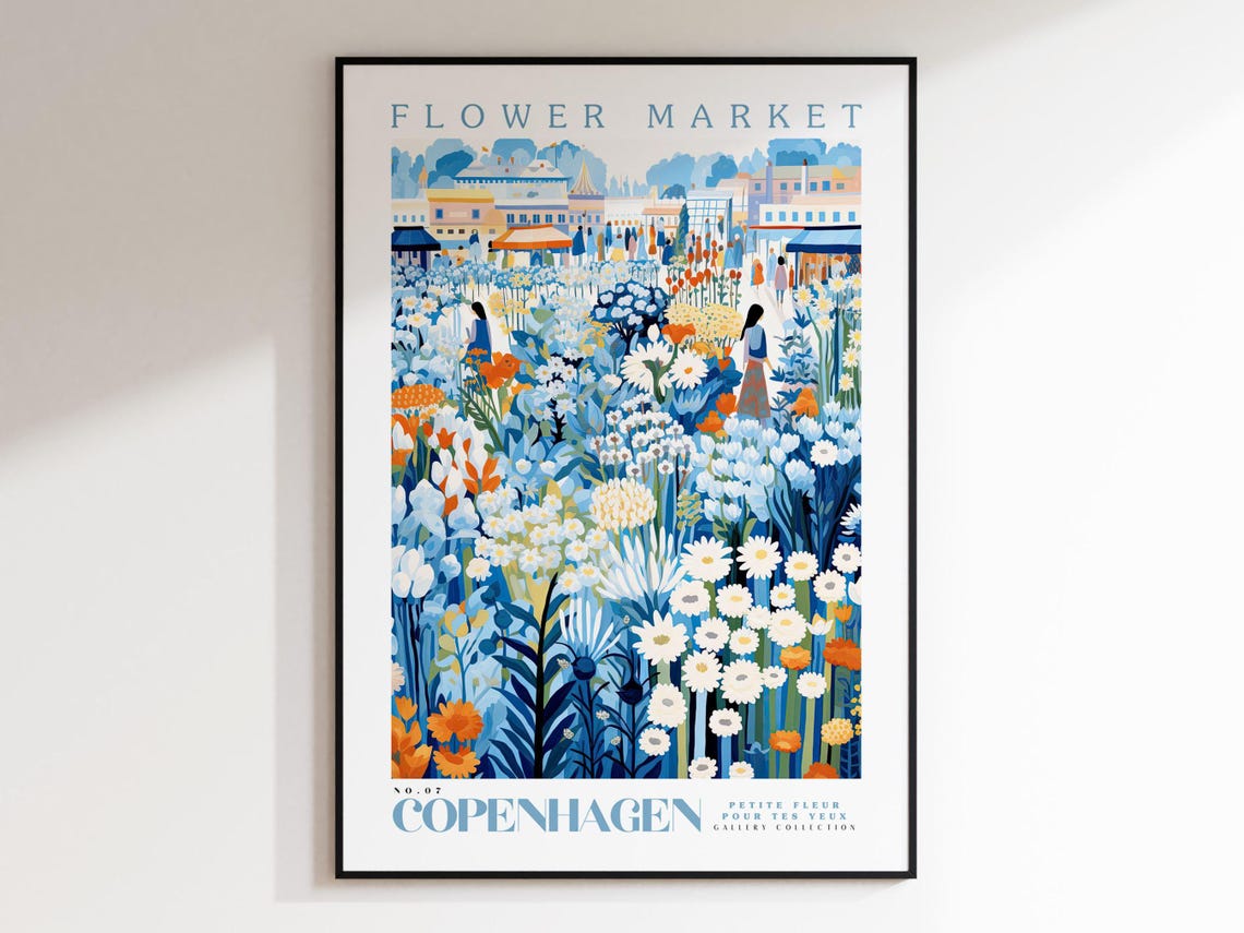 Copenhagen Flower Market Travel Poster, Botanical Art