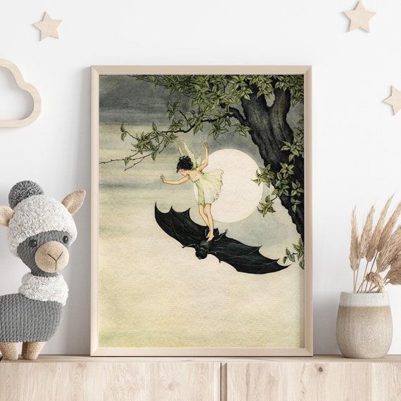 Fairy Girl Riding On A Bat Fine Art Print By Ida Rentoul Outhwaite Vintage Fairytale Illustration For Childrens Room