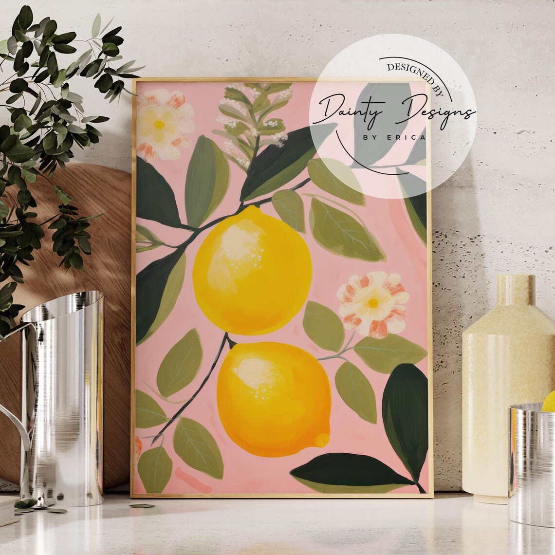 Juicy Lemon Branch Painting on Pink Background Trendy Kitchen Print