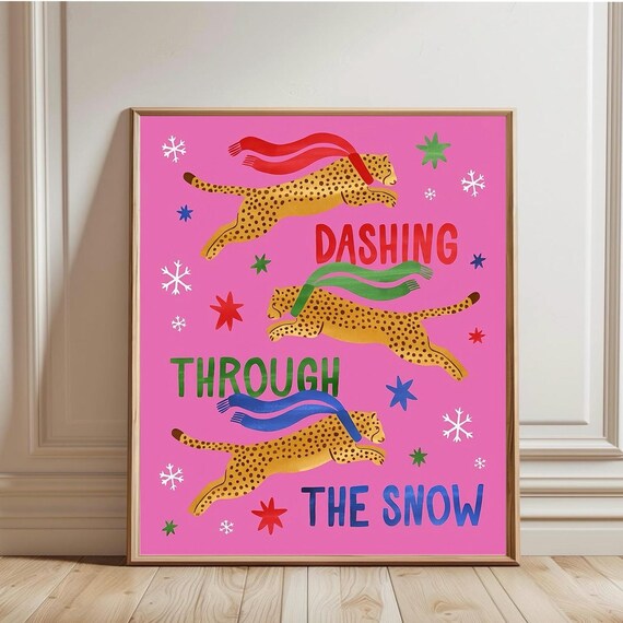 Colorful Christmas Leopard Art Print Dashing Through The Snow Poster Fun Festive Holiday Wall Decor Gift For Modern Home Style
