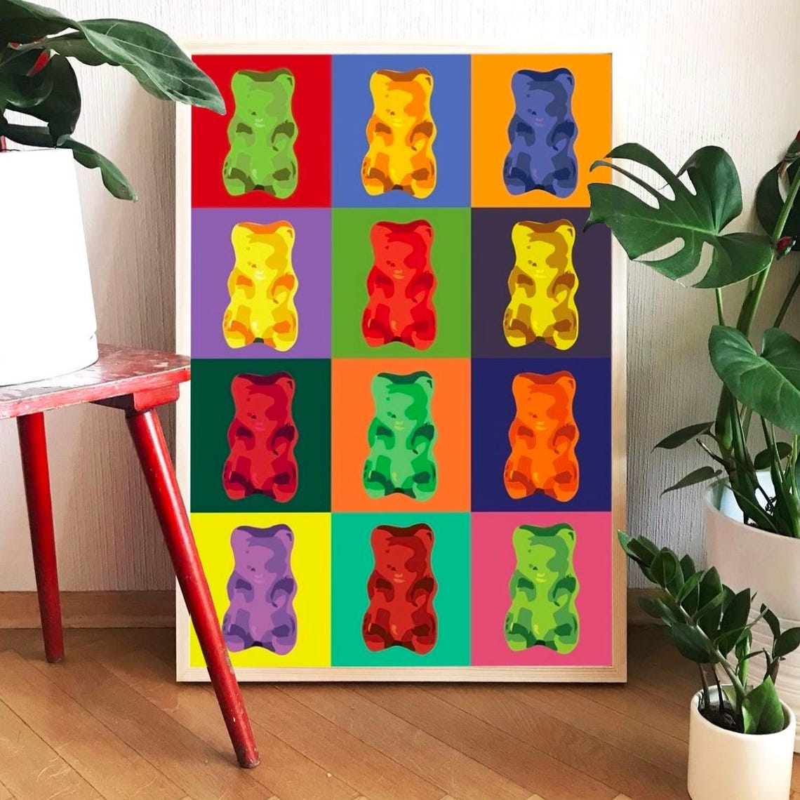 Colorful Gummy Bears Pop Art Candy Grid Retro Wall Decor Poster