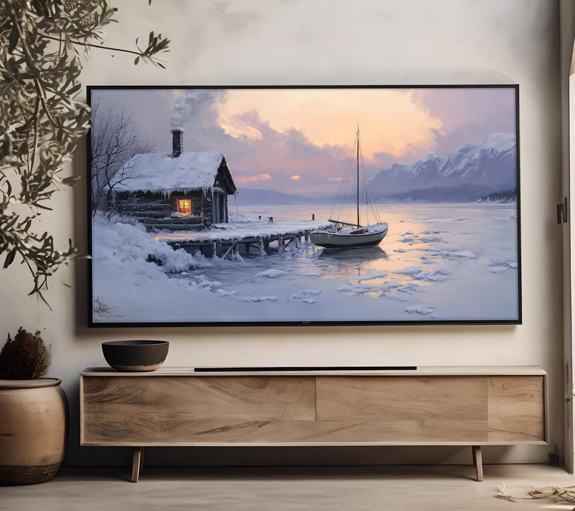 Winter Coastal Sailboat Frame Tv Art Vintage Style Seascape Lake Oil Painting Nautical Ocean Frozen Landscape Lg Screensaver Tv85 - Image 4
