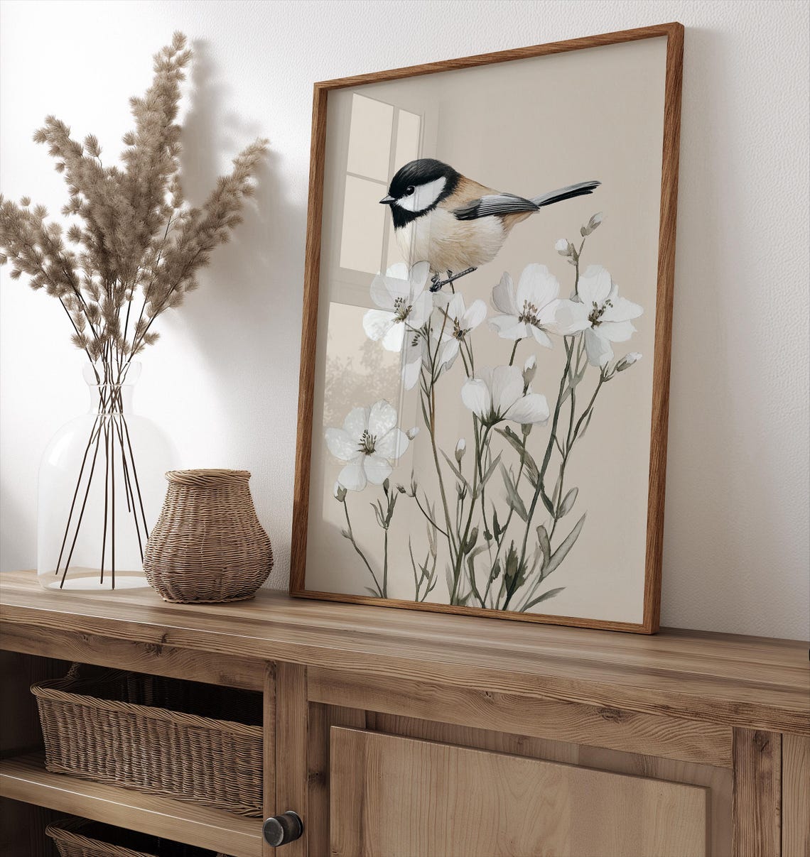 Chickadee Bird White Blossoms Neutral Vintage Botanical Print Poster - Image 5