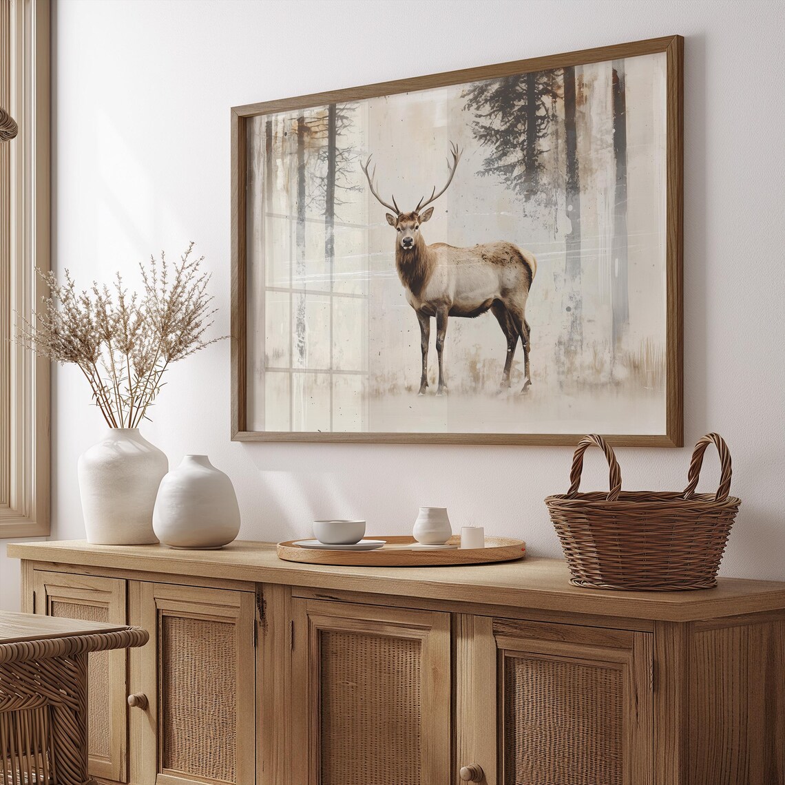 Majestic Stag In Misty Neutral Forest Vintage Wildlife Art Poster - Image 2