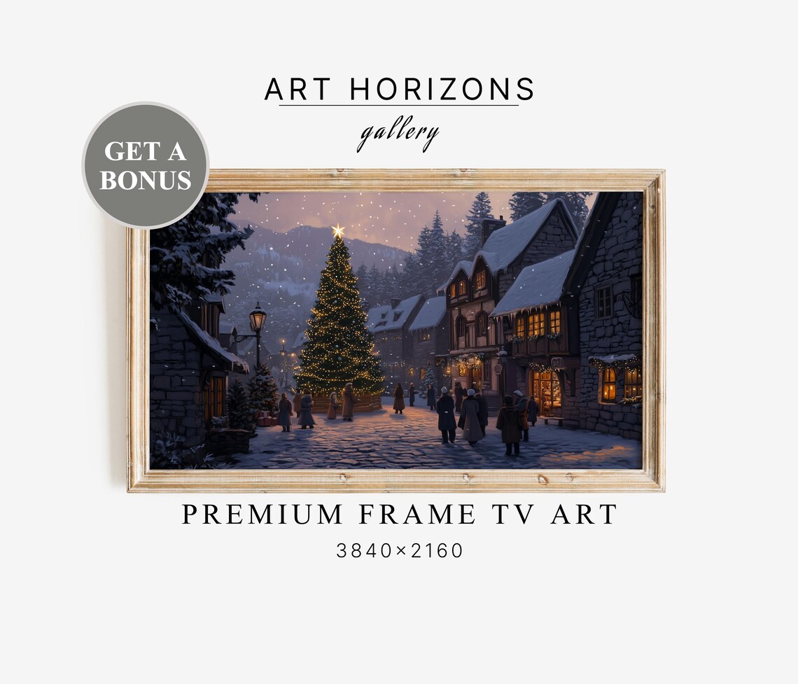 European Village Christmas Tree Star Snowy Evening Street Wall Art