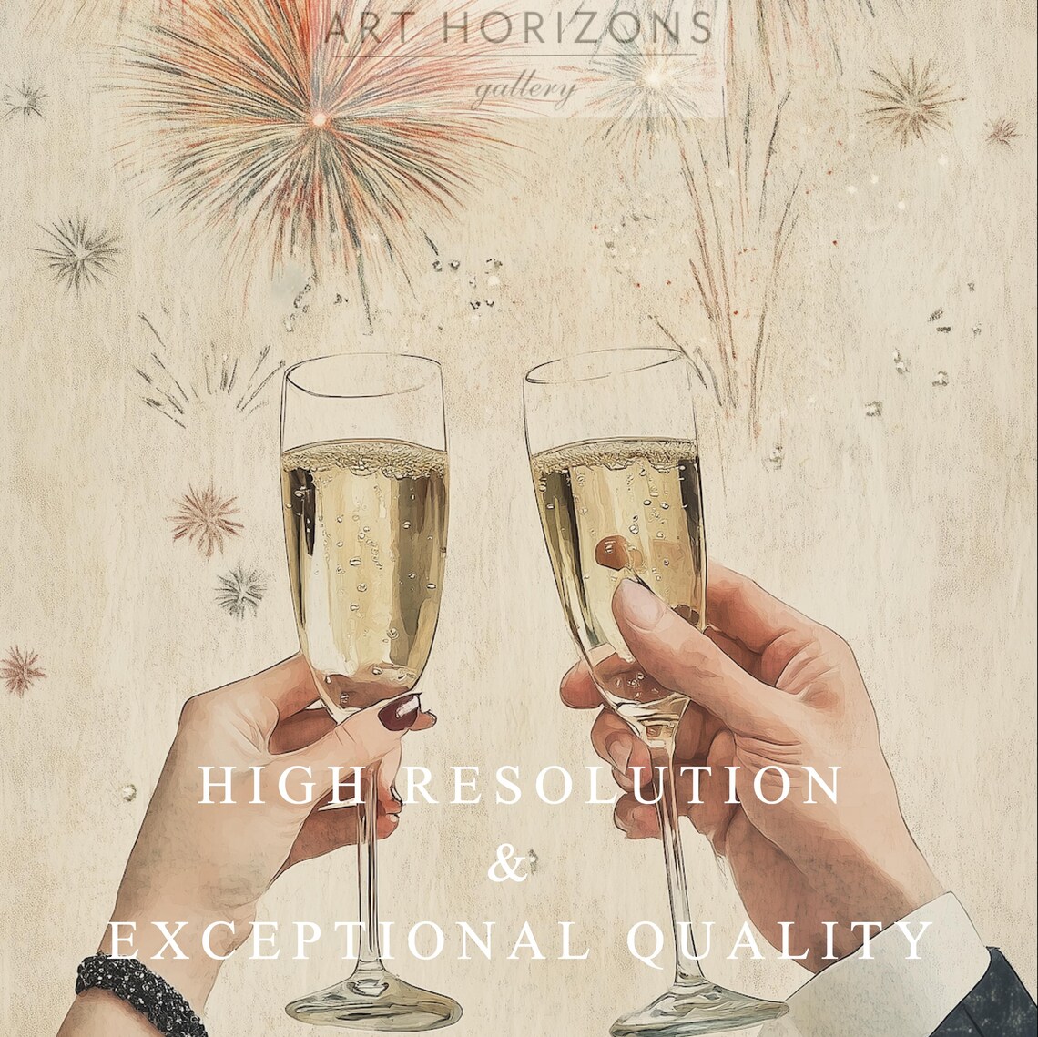 Champagne Toast Hands Fireworks Vintage Paper New Year Art Print - Image 3