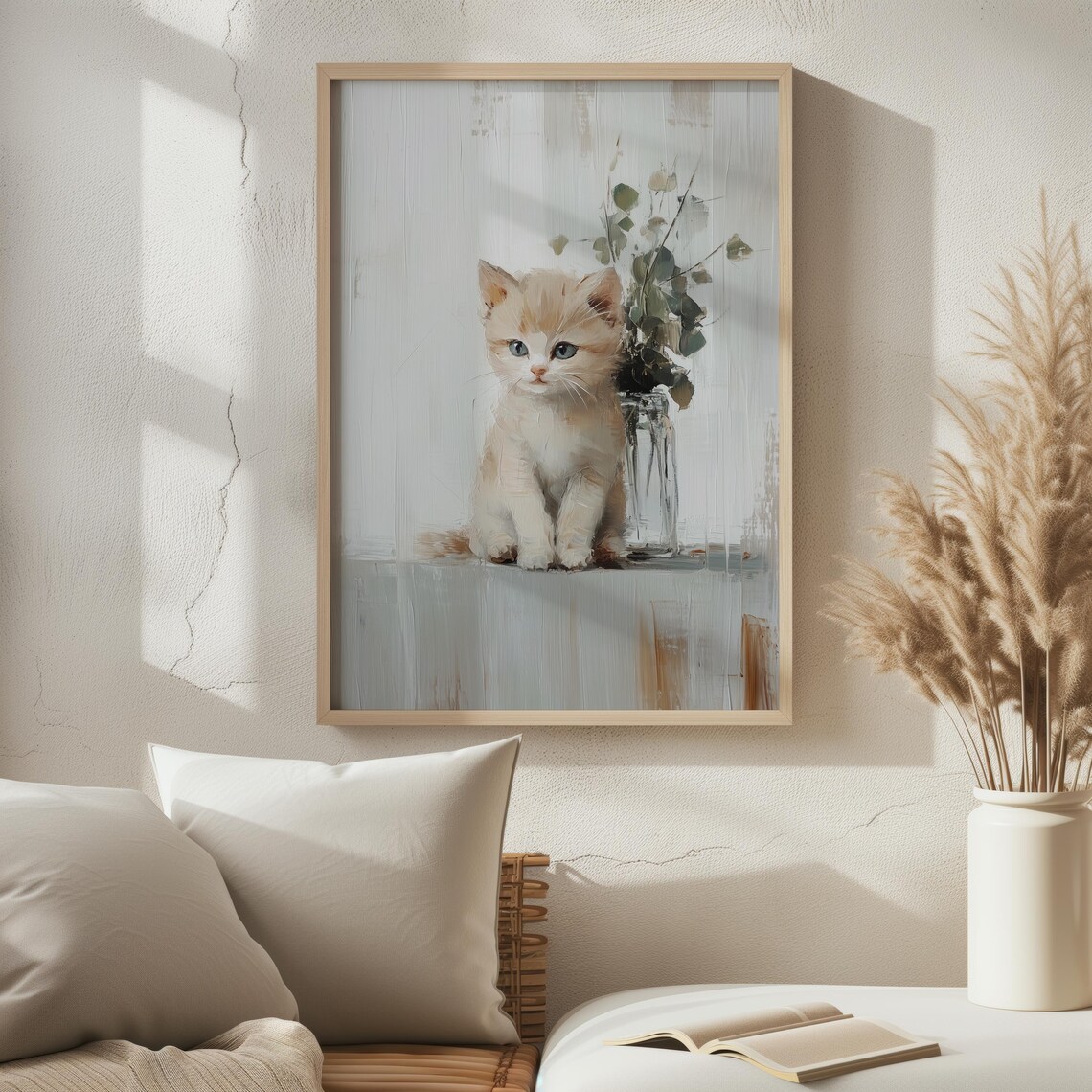 Cream Kitten Sitting With Eucalyptus Sprigs Soft Neutral Nursery Art Poster - Image 2