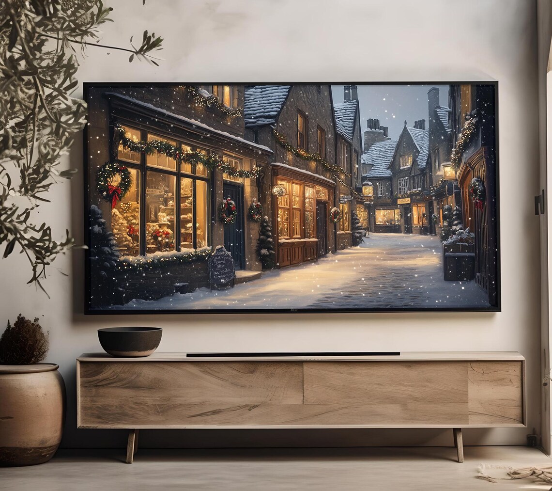 Cozy Snowy Village Street Lit Shops Garlands Winter Night Print - Image 2