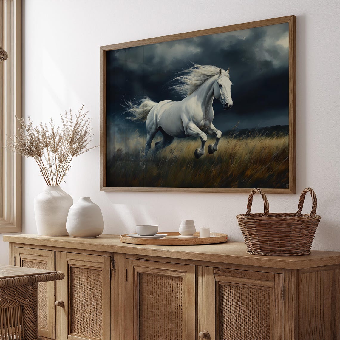 White Horse Galloping Under Stormy Sky Dramatic Oil Painting Poster - Image 4