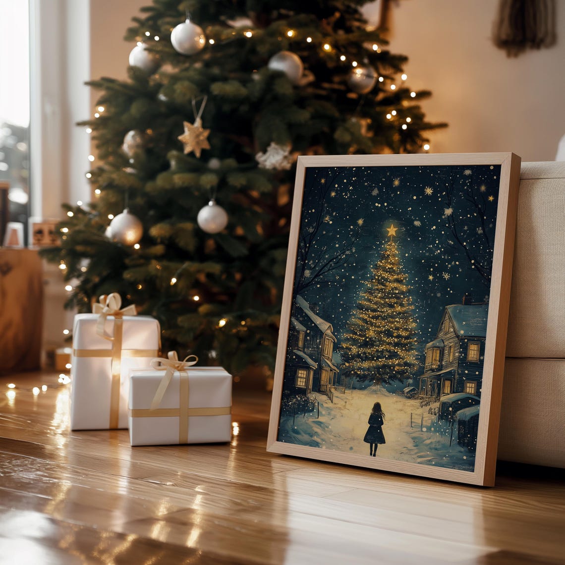 Moody Christmas Wall Art Snowy Winter Oil Painting Christmas Tree Night Art Girl Christmas Print Winter Art A78 - Image 3