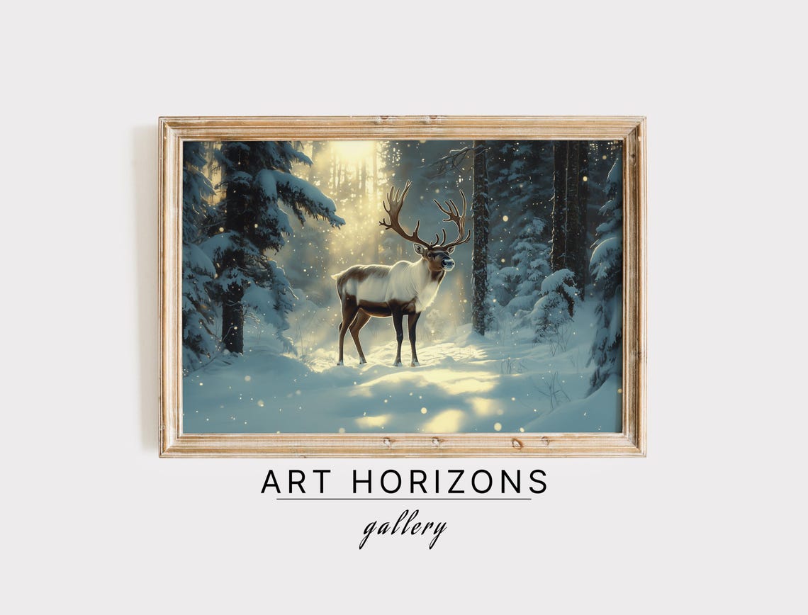 Reindeer Standing In Sunlit Snowy Forest With Light Rays Art Poster