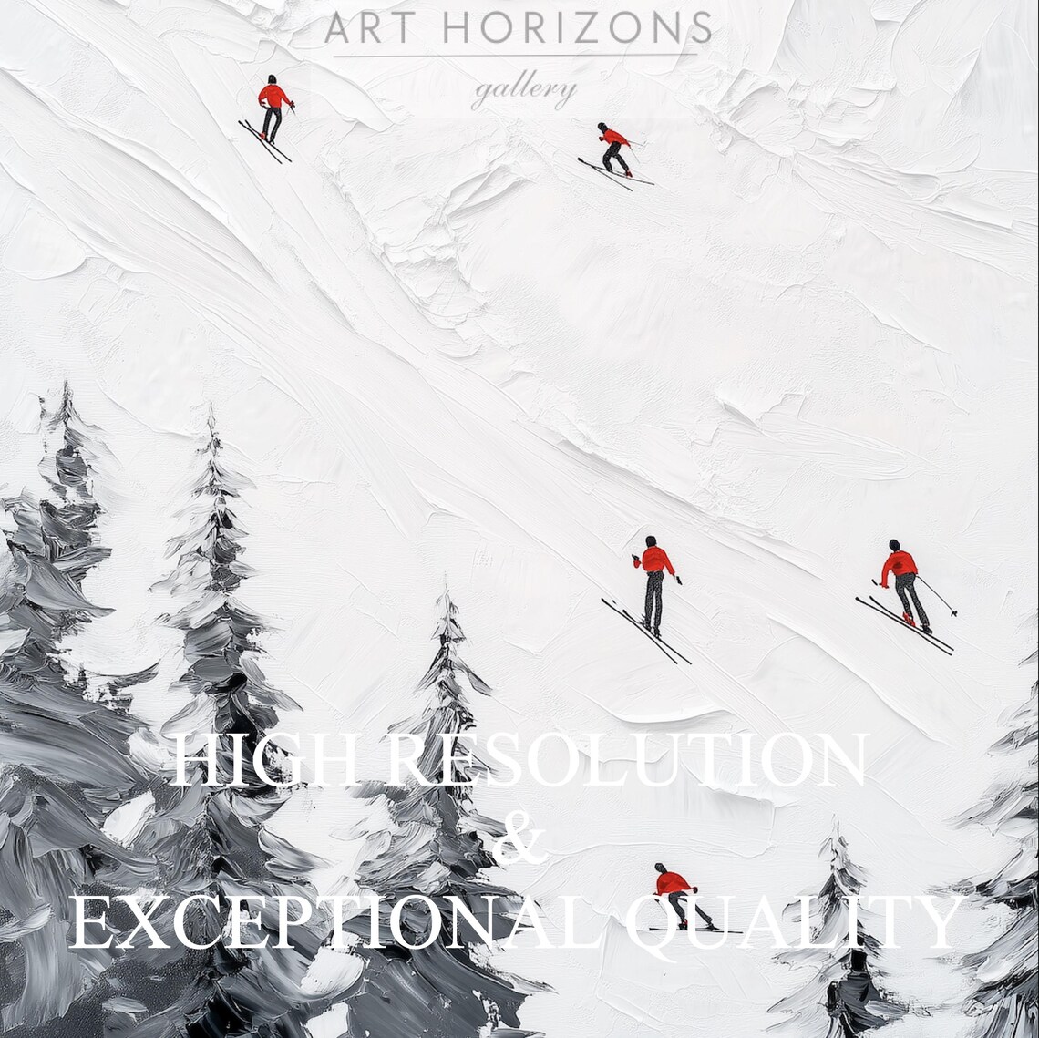 Minimalist Ski Slope Tiny Skiers Textured Snow Painting Art Print - Image 3