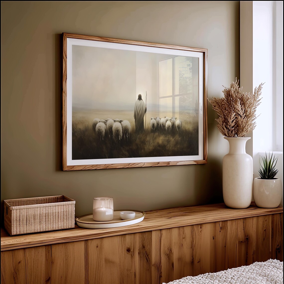 Jesus the Good Shepherd Sheep Misty Field Minimalist Christian Faith Poster - Image 4