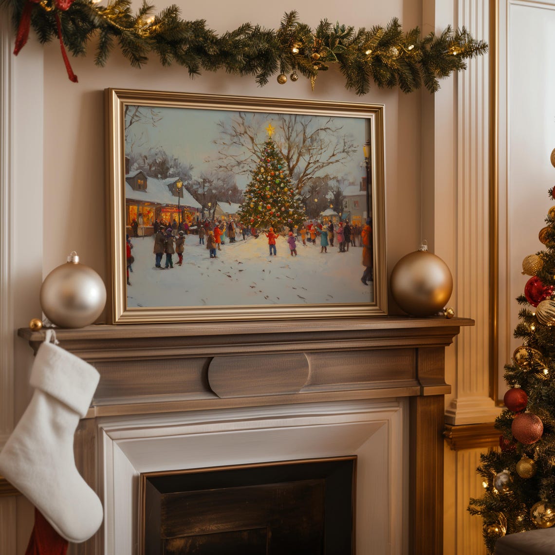 Town Square Christmas Tree Ice Skating Winter Scene Travel Poster - Image 4