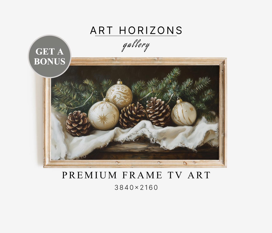 Gold Ornaments Pinecones and Pine Branches Still Life TV Art Print