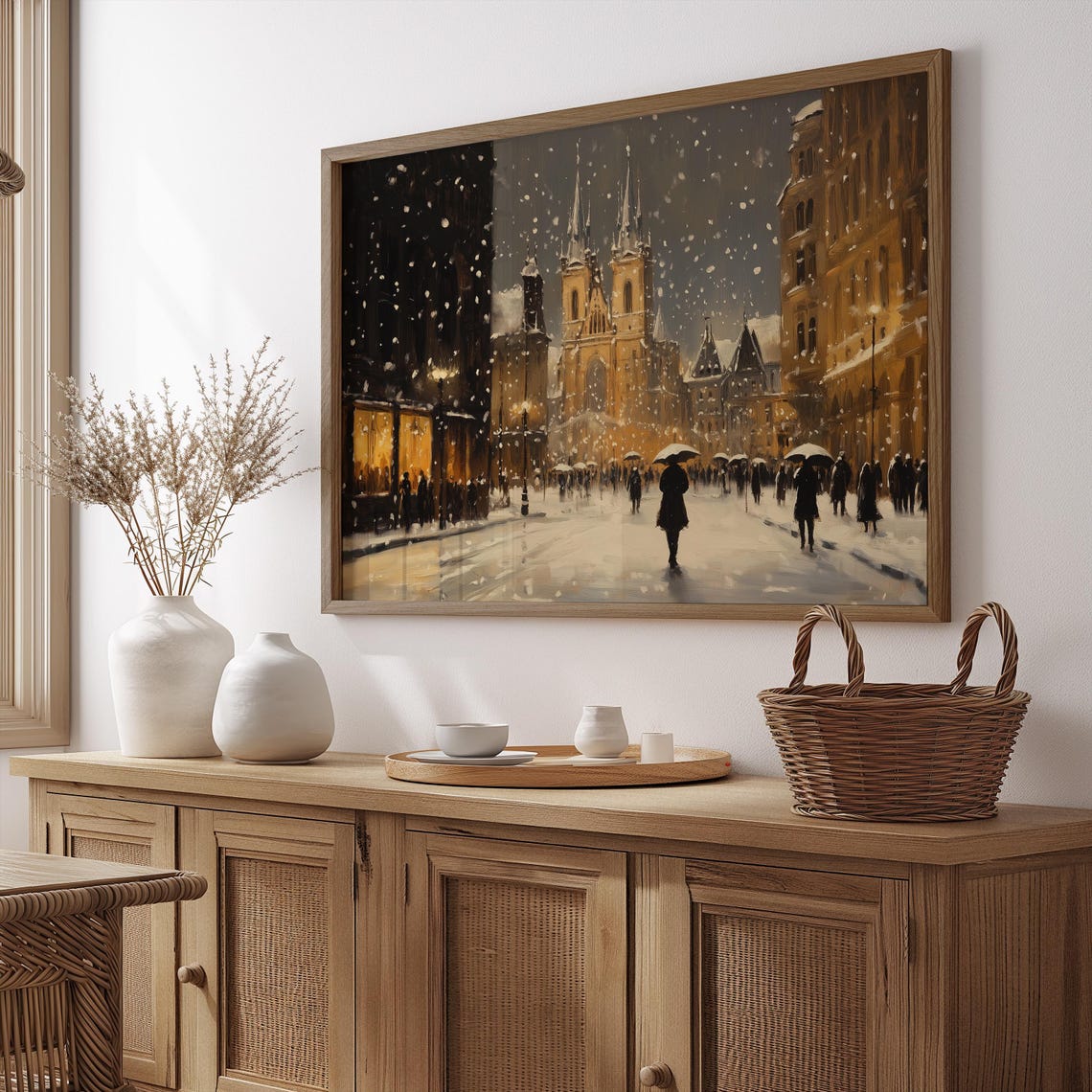 Snowy European Old Town Square Night Twin Spired Church Winter Poster - Image 4